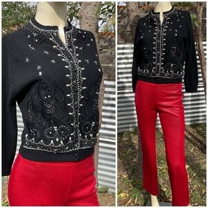 VTG Black Beaded Embroidered Angora Cardigan Sweater Small